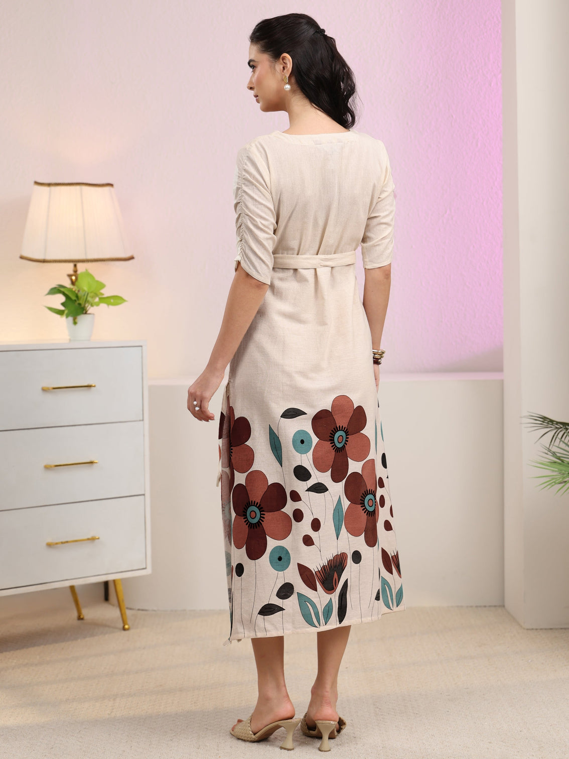 Mameraa Off White Floral Printed Cotton Blend A-Line Dress