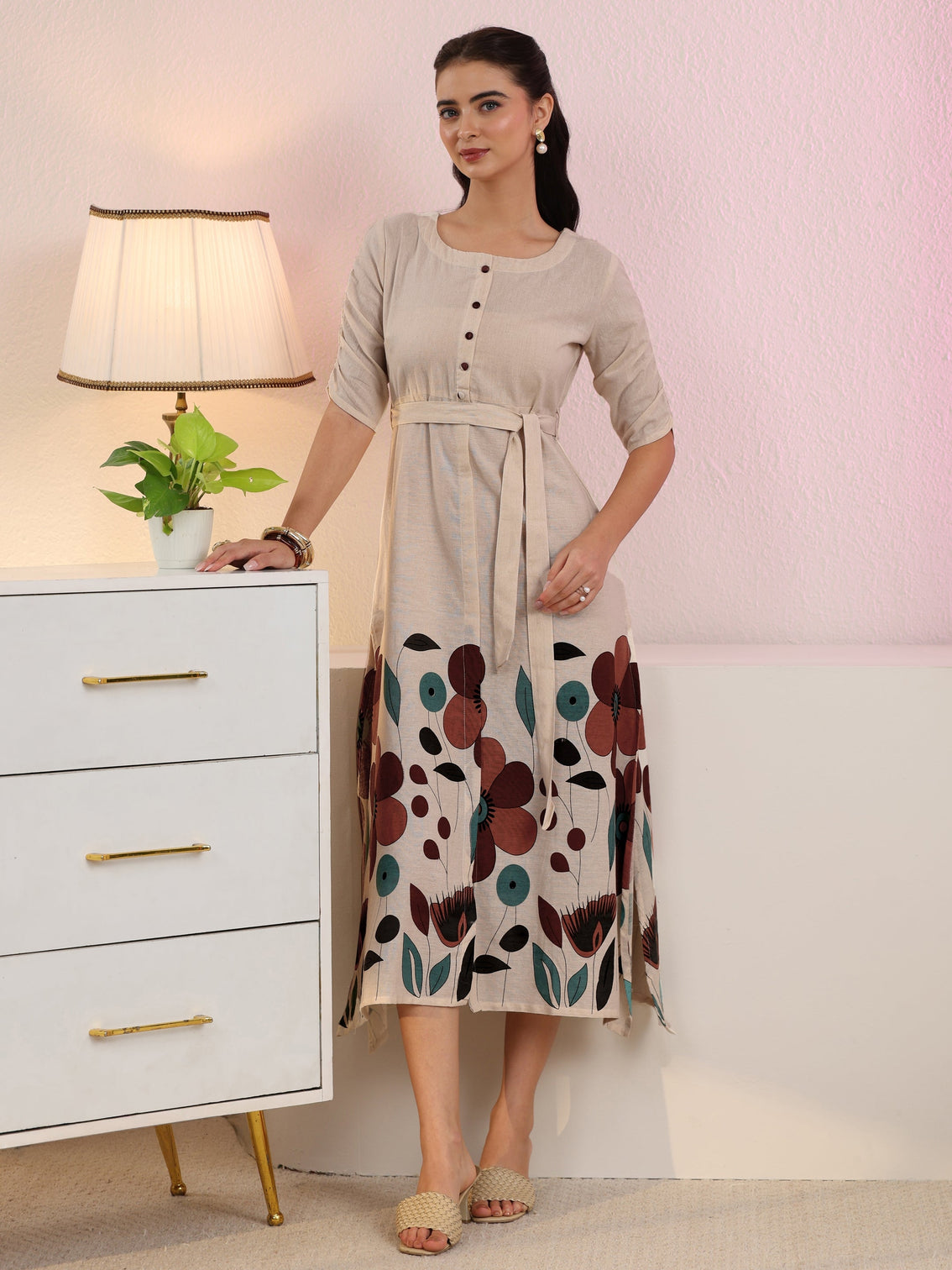 Mameraa Off White Floral Printed Cotton Blend A-Line Dress