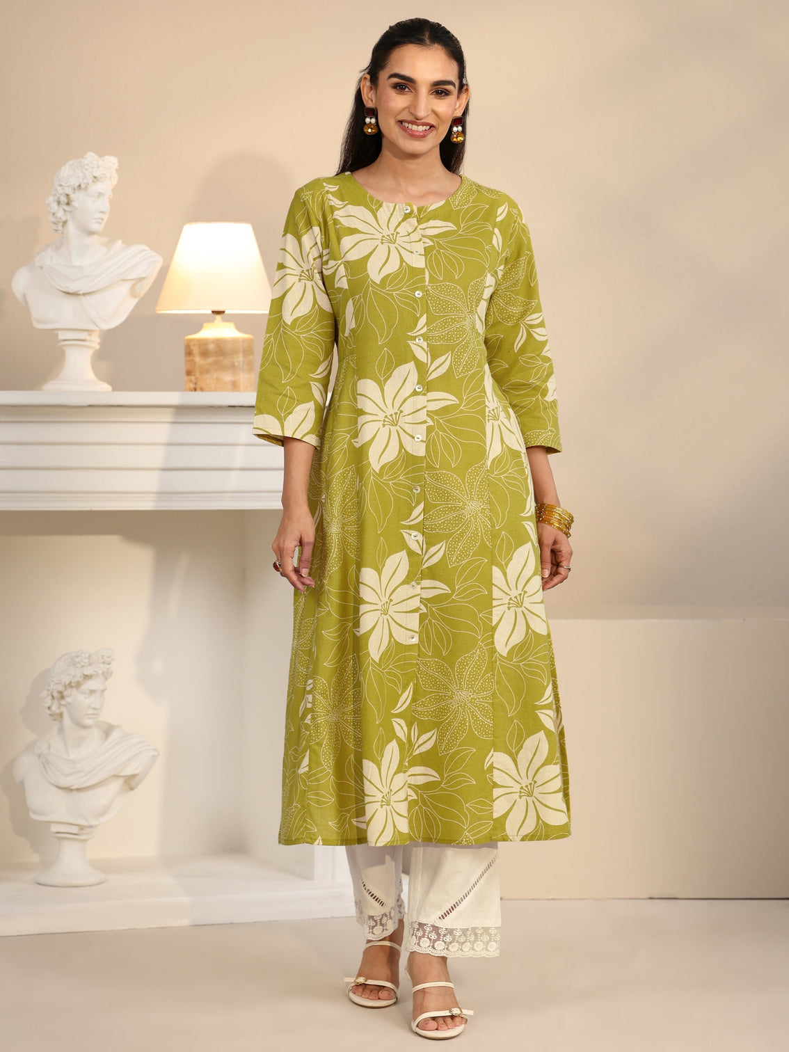 Mameraa Lime Green Floral Printed Cotton Blend A-line Kurta