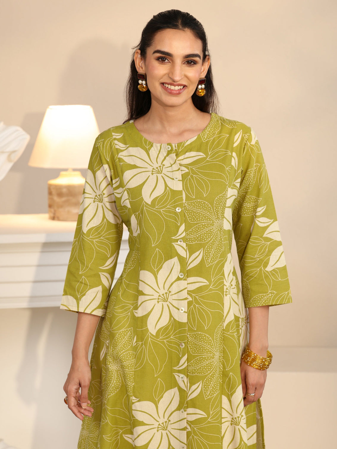 Mameraa Lime Green Floral Printed Cotton Blend A-line Kurta