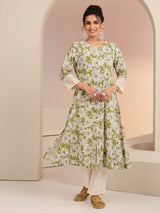 Libas Green Floral Printed Cotton Blend A-Line Kurta