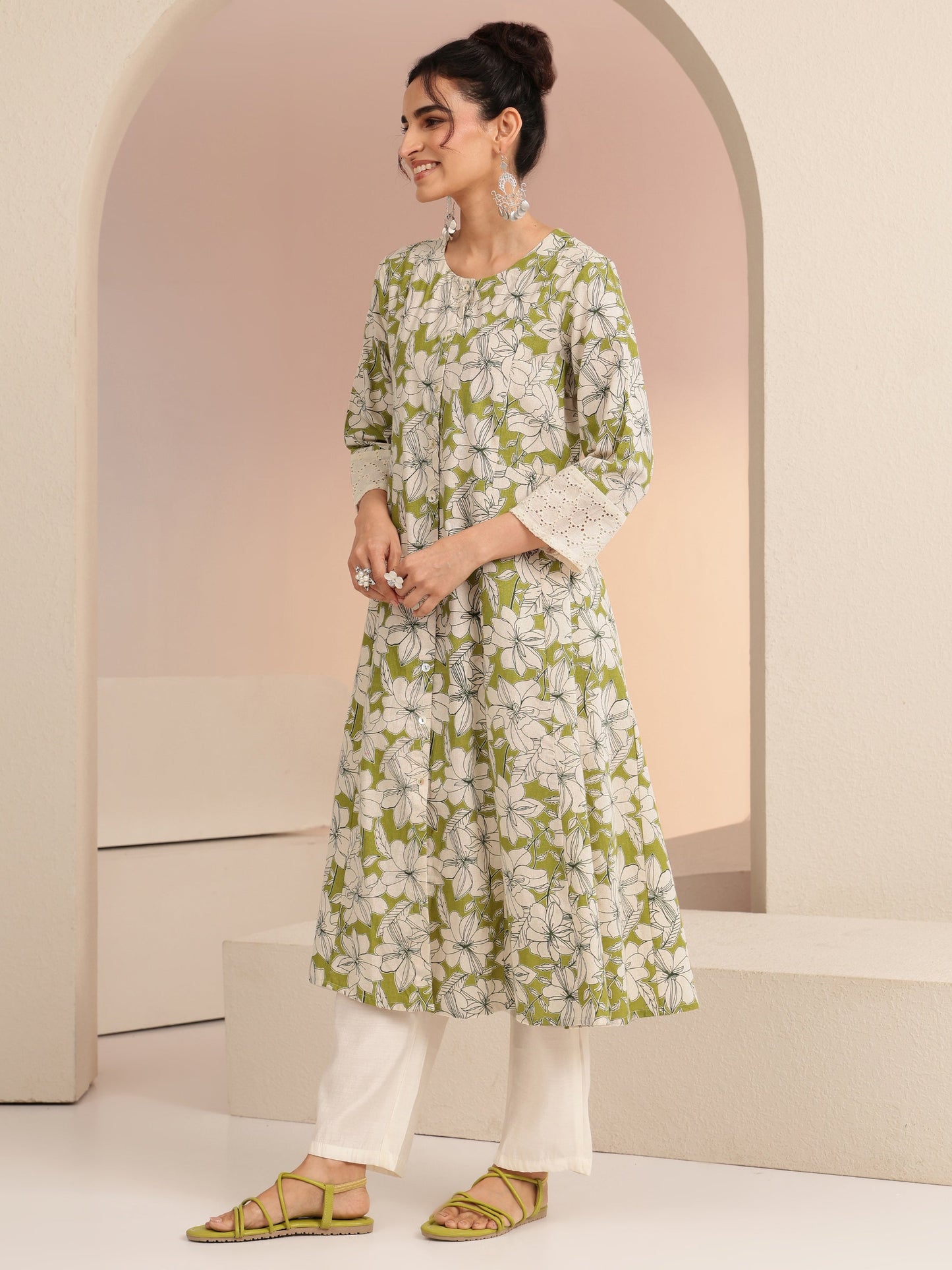 Libas Green Floral Printed Cotton Blend A-Line Kurta