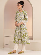 Libas Green Floral Printed Cotton Blend A-Line Kurta