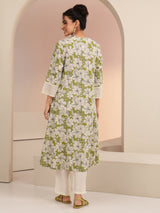 Libas Green Floral Printed Cotton Blend A-Line Kurta