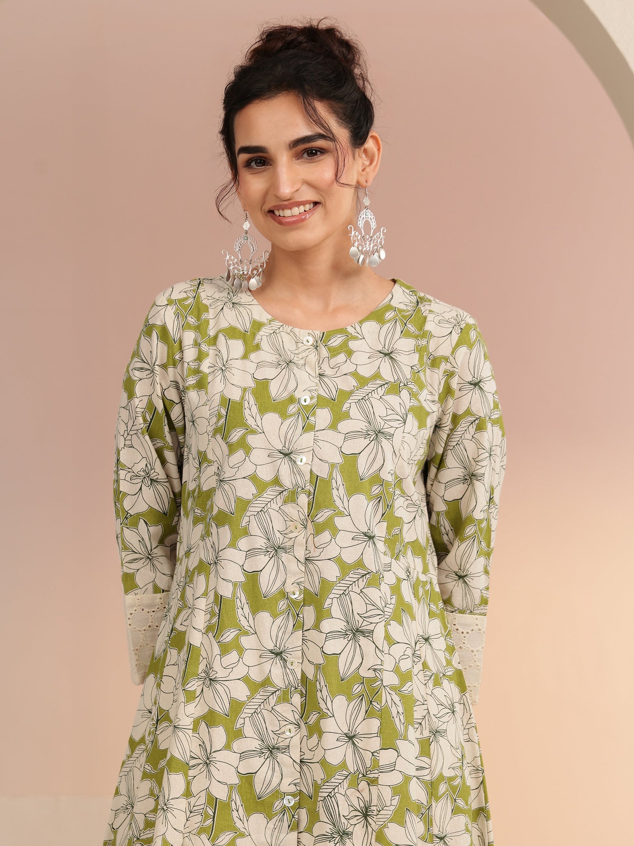 Libas Green Floral Printed Cotton Blend A-Line Kurta
