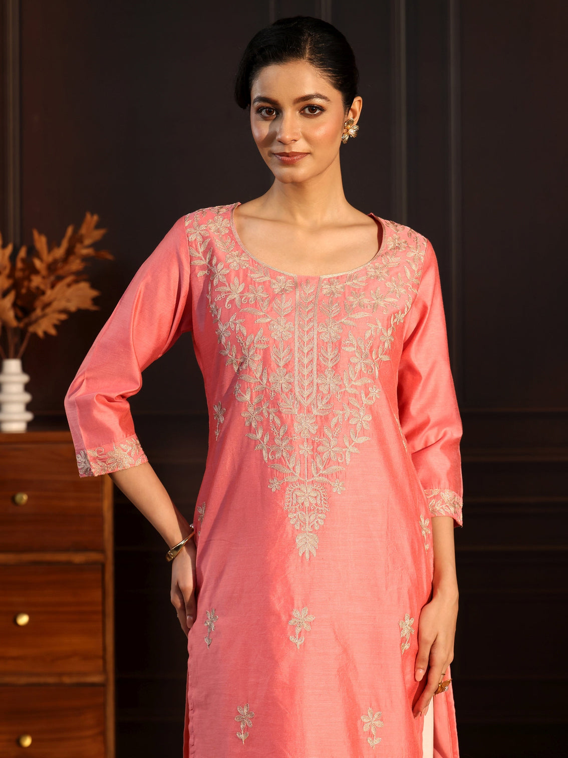 Mameraa Rose Pink Floral Embroidered Silk Blend Straight Kurta