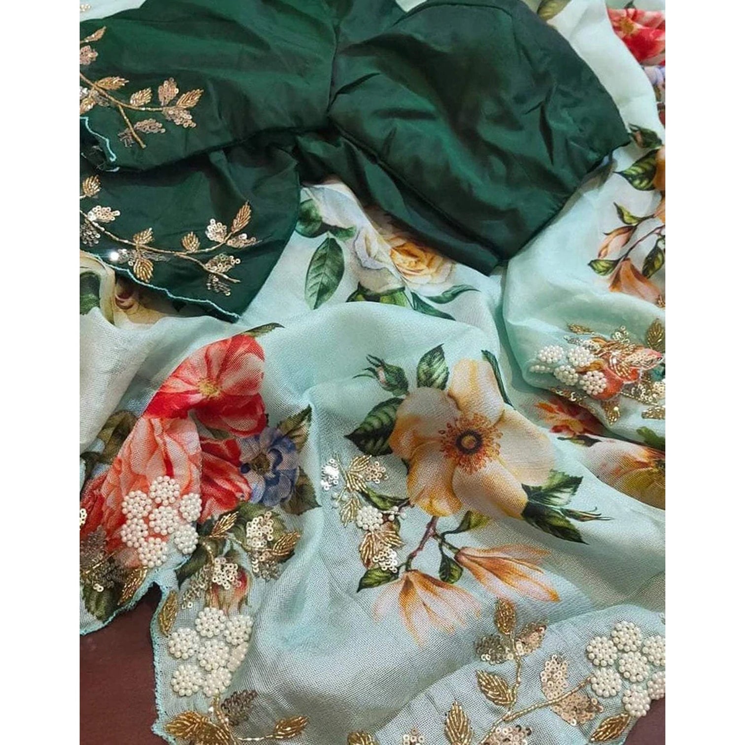 Malai Silk Saree with Hand Paint and Handi Crafted Khatli and Pearl Work with Handwork Sleeves Blouse