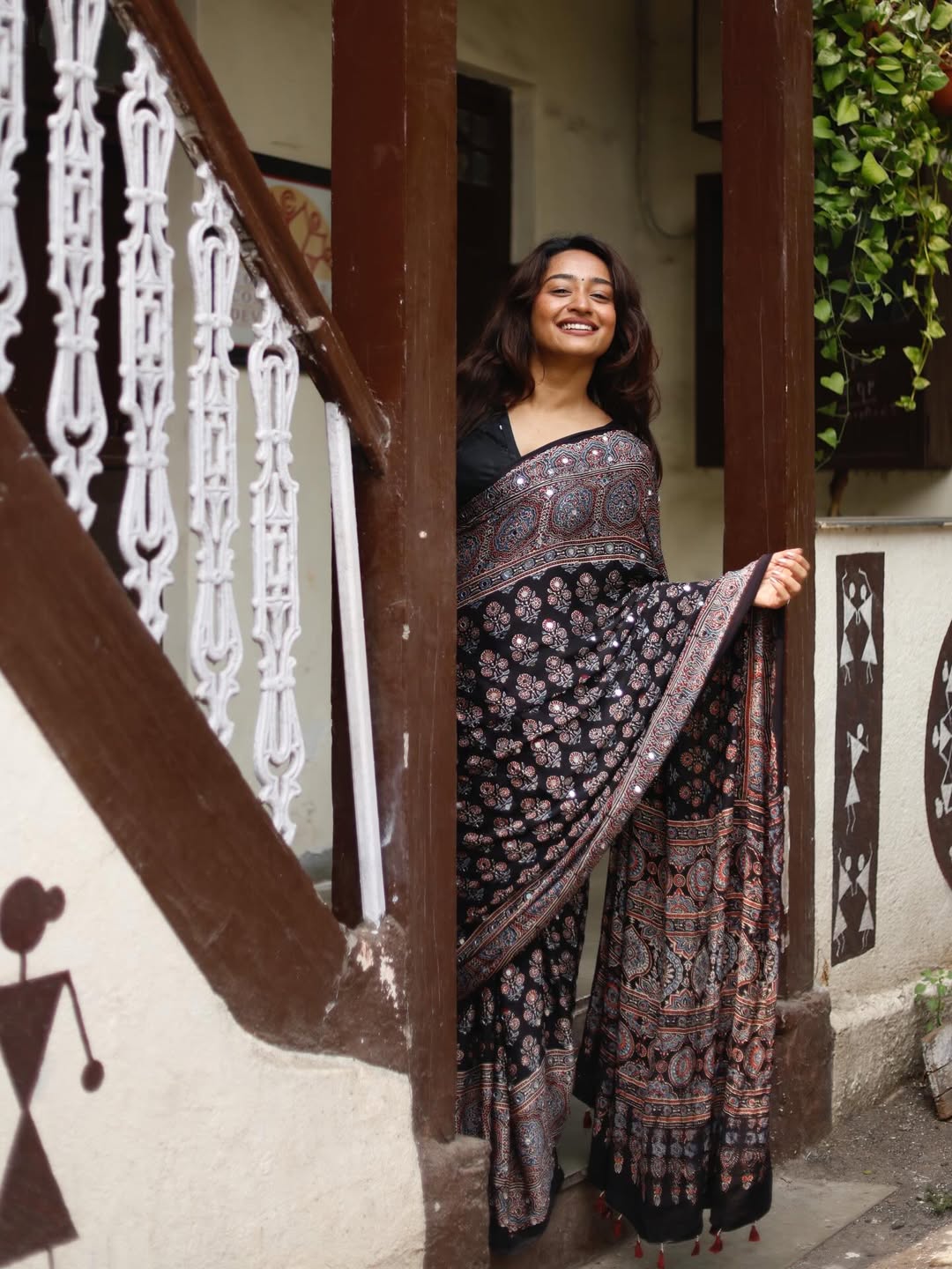 Black ajrakh printed modal silk saree with tassels attached blouse traditional ethnic festive wear saree