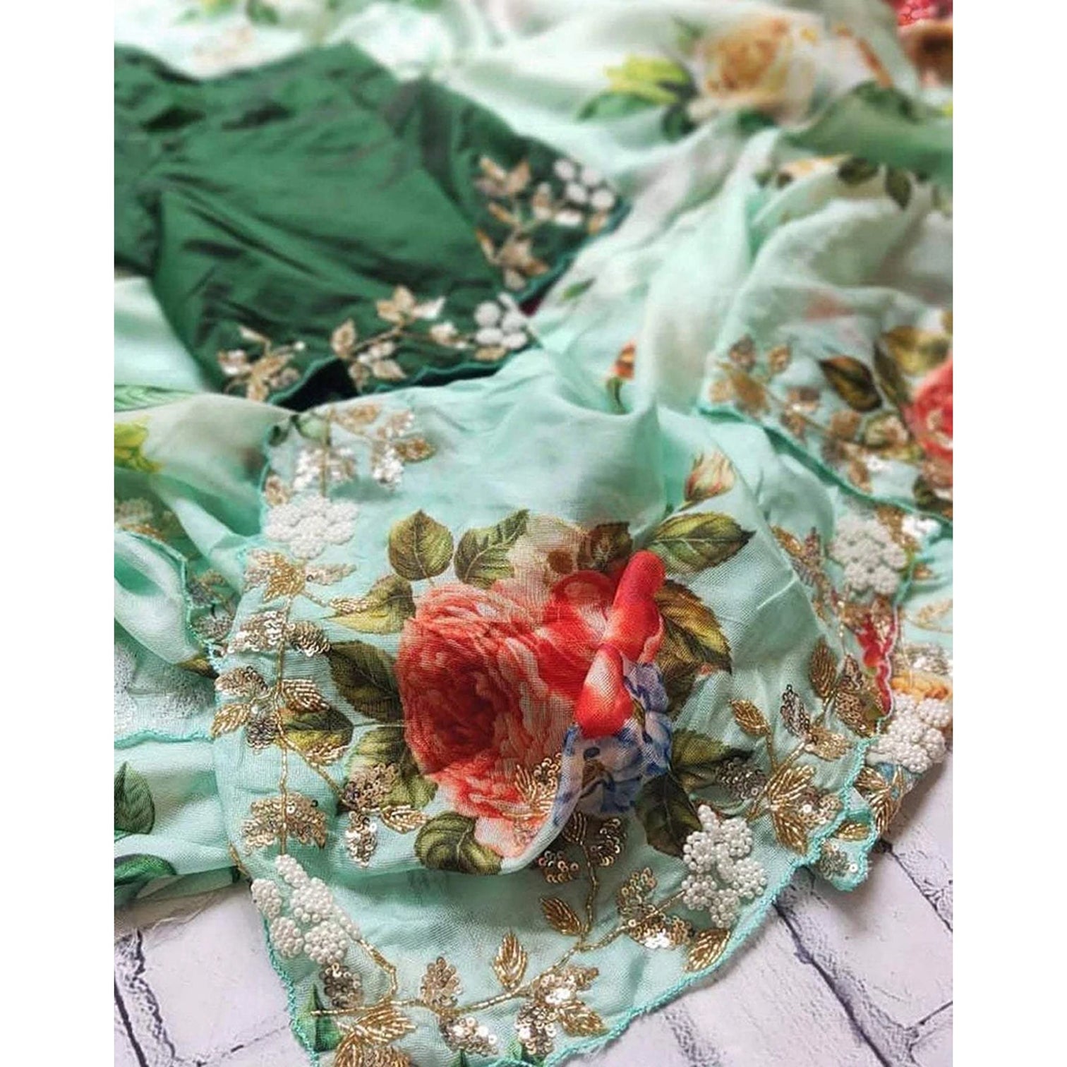 Malai Silk Saree with Hand Paint and Handi Crafted Khatli and Pearl Work with Handwork Sleeves Blouse