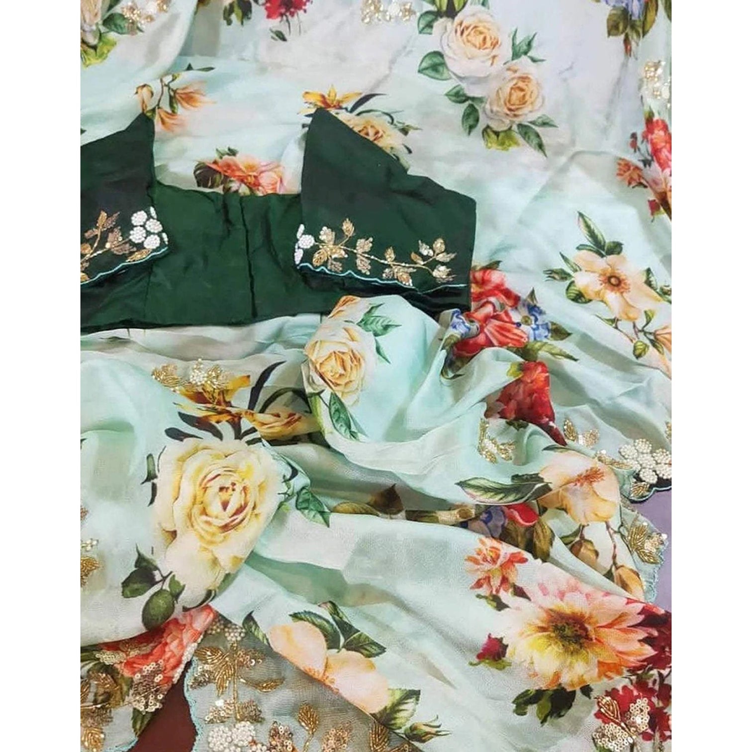 Malai Silk Saree with Hand Paint and Handi Crafted Khatli and Pearl Work with Handwork Sleeves Blouse