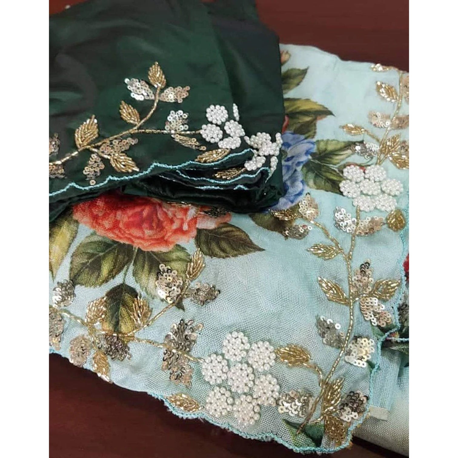 Malai Silk Saree with Hand Paint and Handi Crafted Khatli and Pearl Work with Handwork Sleeves Blouse