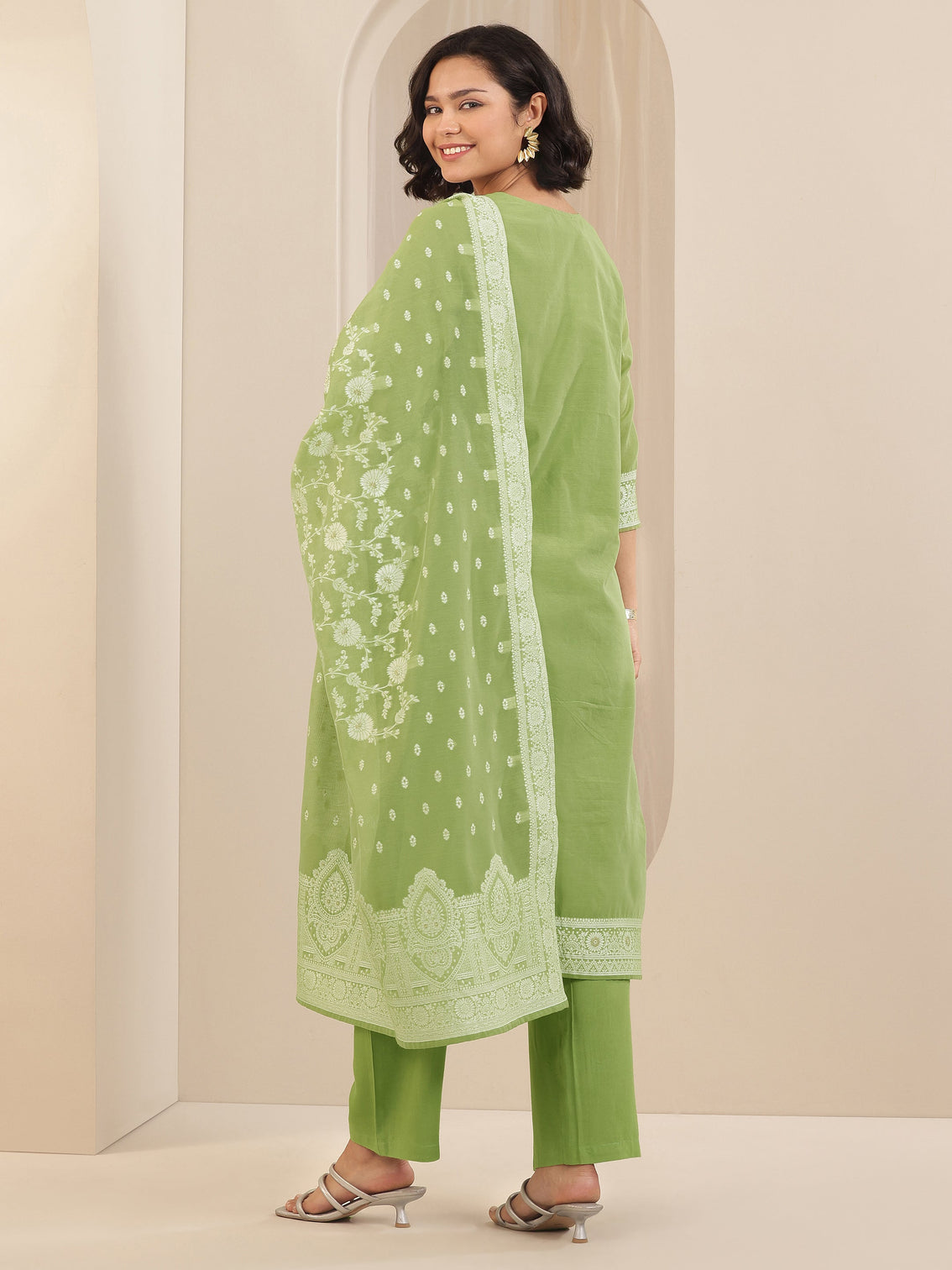 Mameraa Green Self Design Chanderi Silk Straight Suit Sets With Dupatta