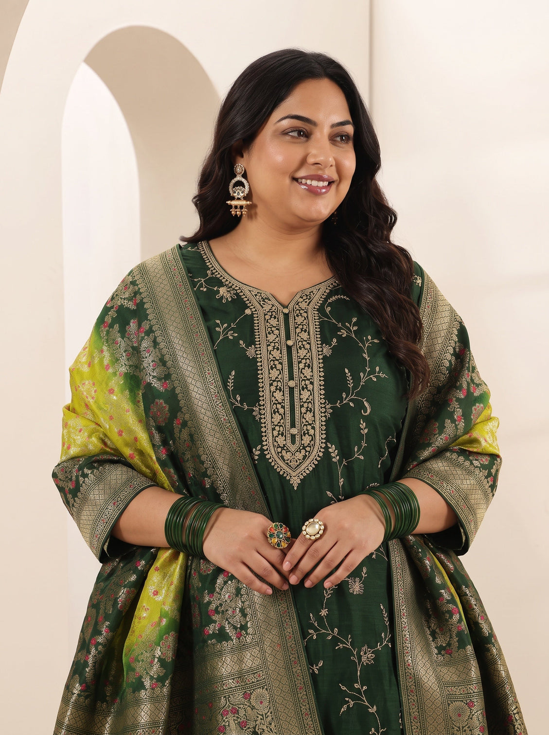 Plus Size Green Embroidered Silk Blend Straight Suit Sets With Dupatta