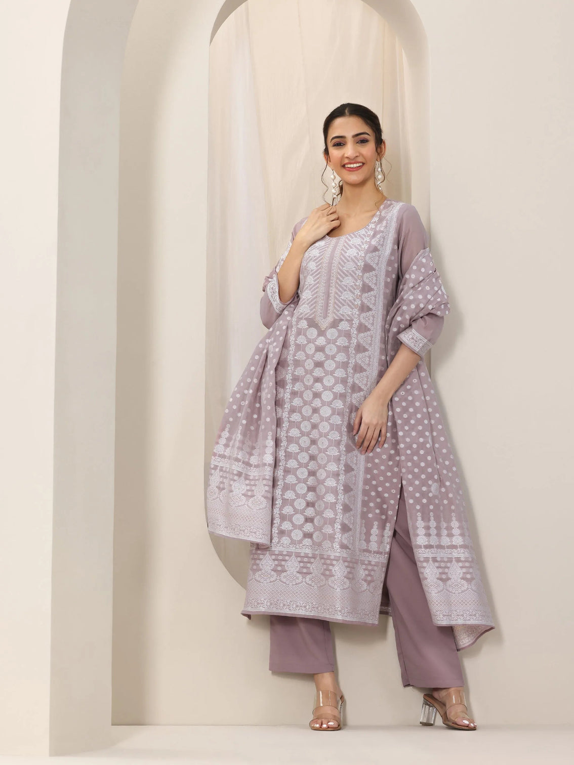 Mameraa Mauve Woven Design Chanderi Silk Straight Suit Set With Dupatta