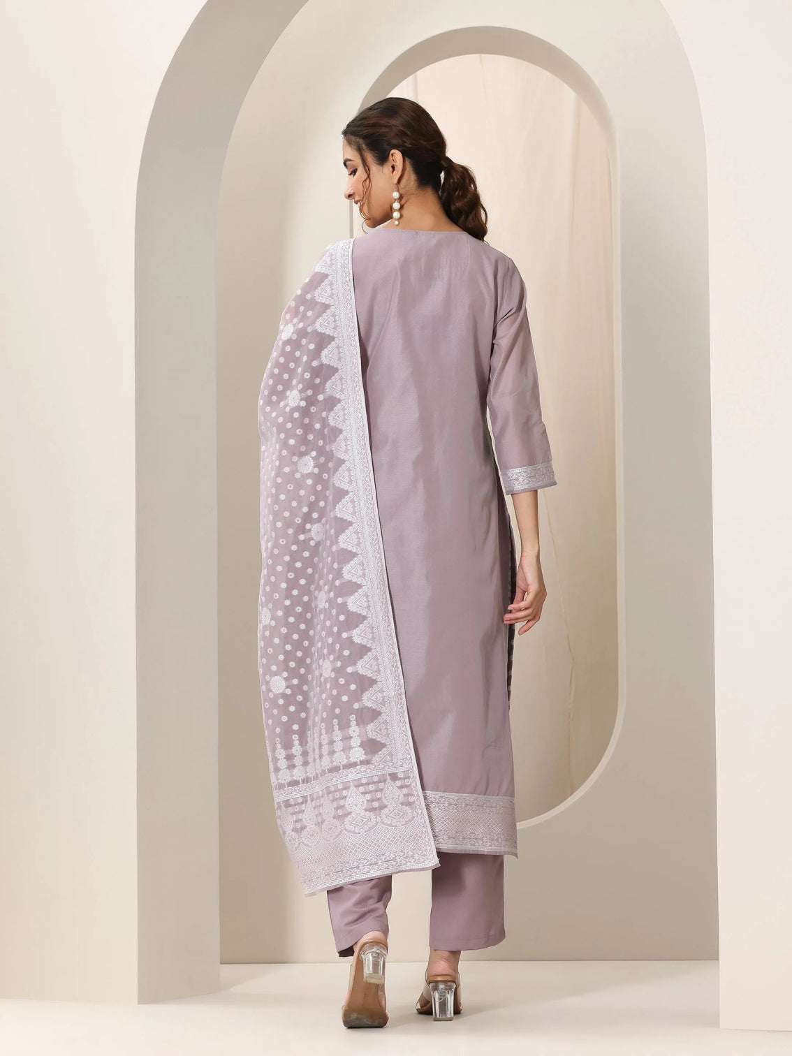 Mameraa Mauve Woven Design Chanderi Silk Straight Suit Set With Dupatta