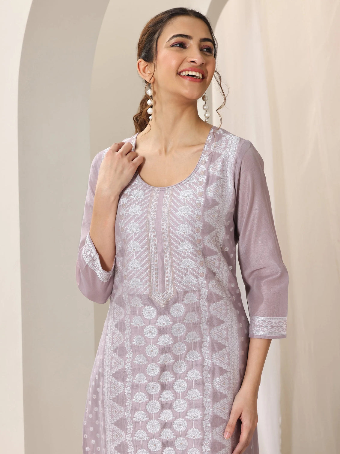 Mameraa Mauve Woven Design Chanderi Silk Straight Suit Set With Dupatta