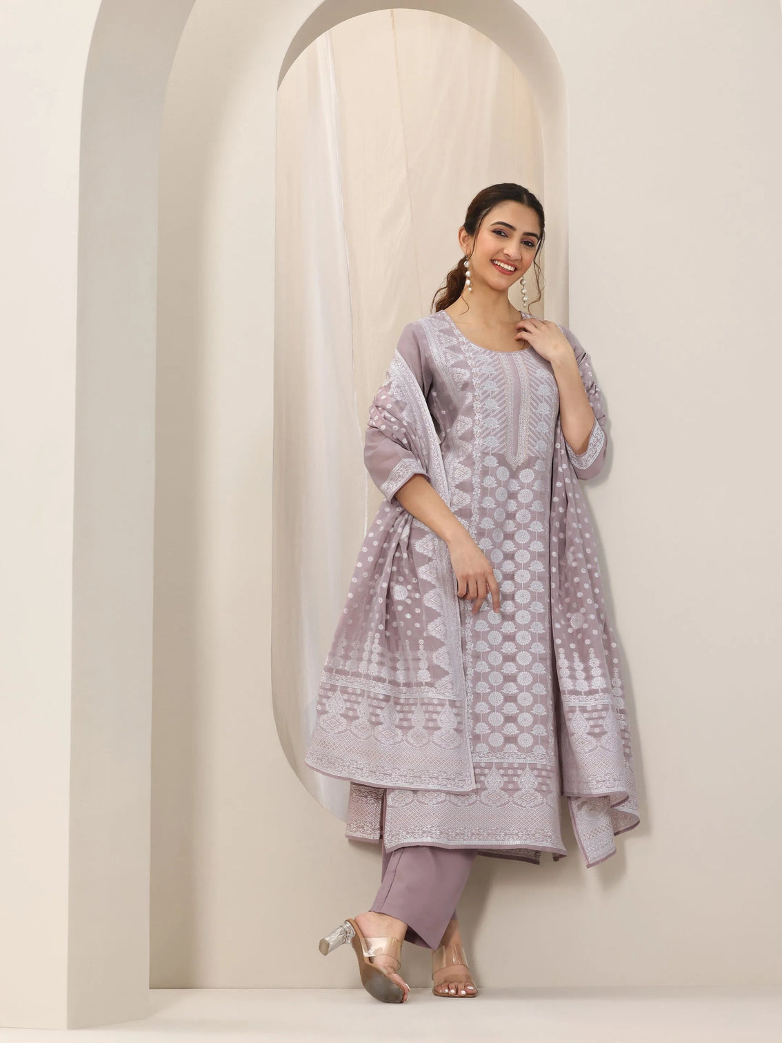Mameraa Mauve Woven Design Chanderi Silk Straight Suit Set With Dupatta