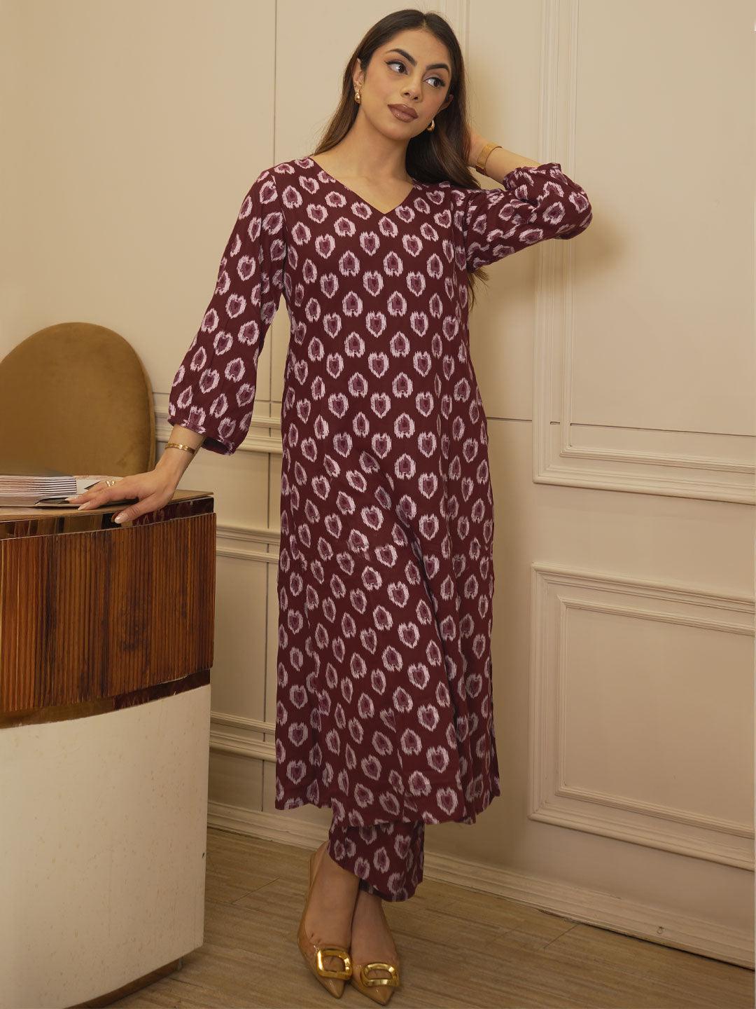 Mameraa Maroon Printed Rayon Straight Kurta Set