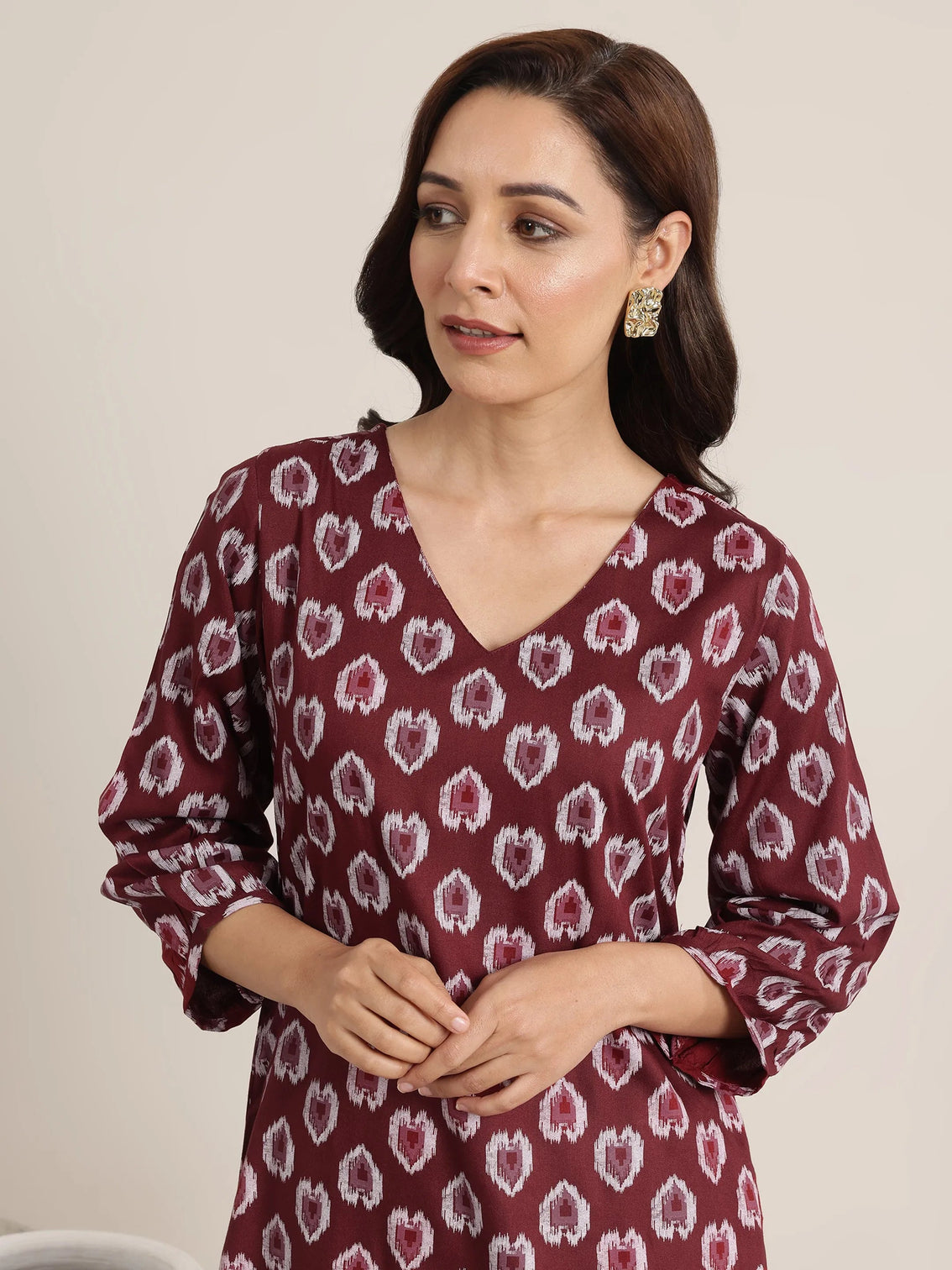 Mameraa Maroon Printed Rayon Straight Kurta Set