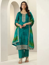Libas Green Embroidered Silk Blend Straight Suit Sets With Dupatta