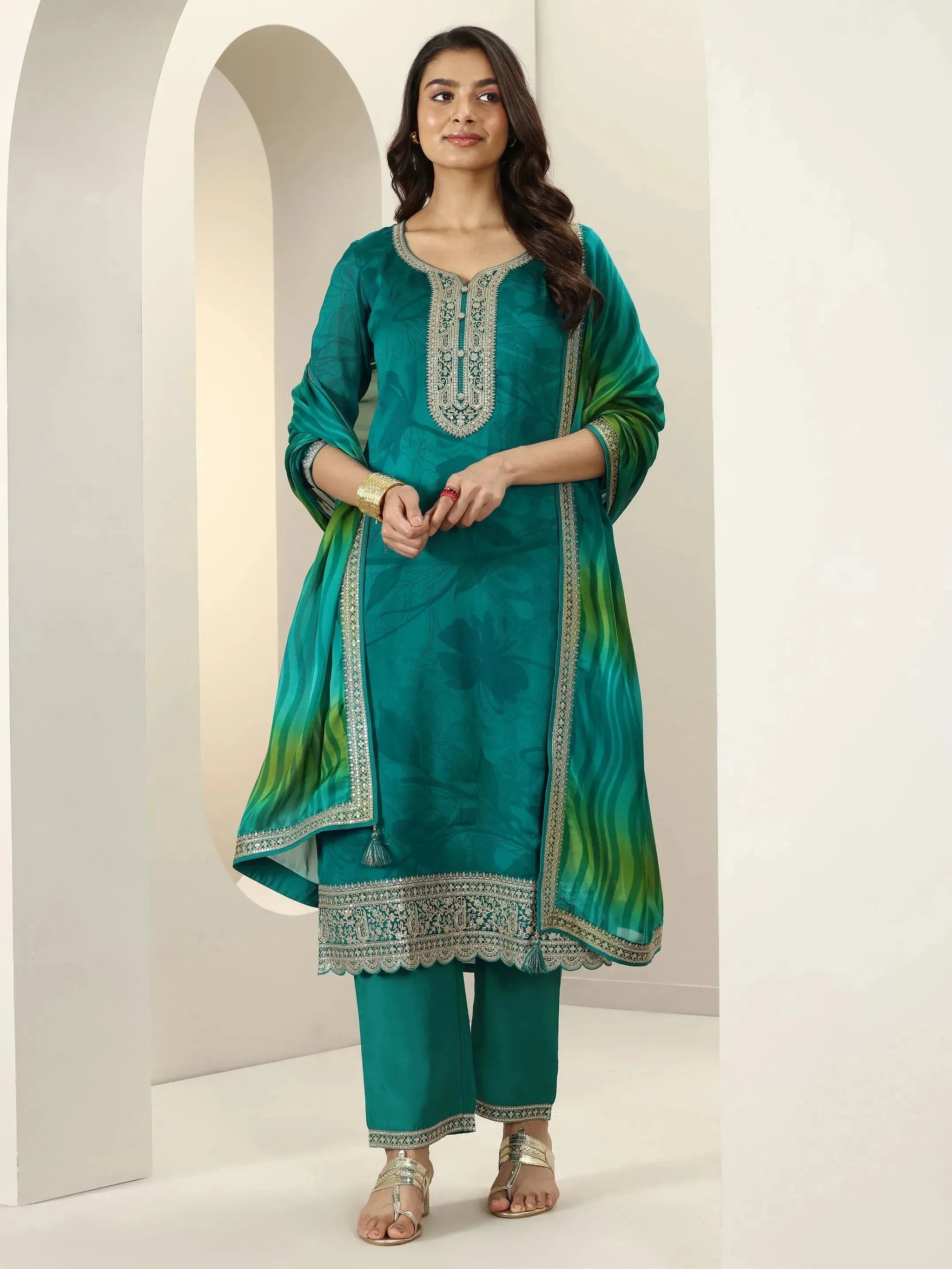 Libas Green Embroidered Silk Blend Straight Suit Sets With Dupatta