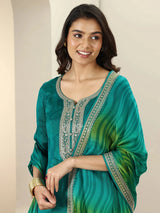 Libas Green Embroidered Silk Blend Straight Suit Sets With Dupatta