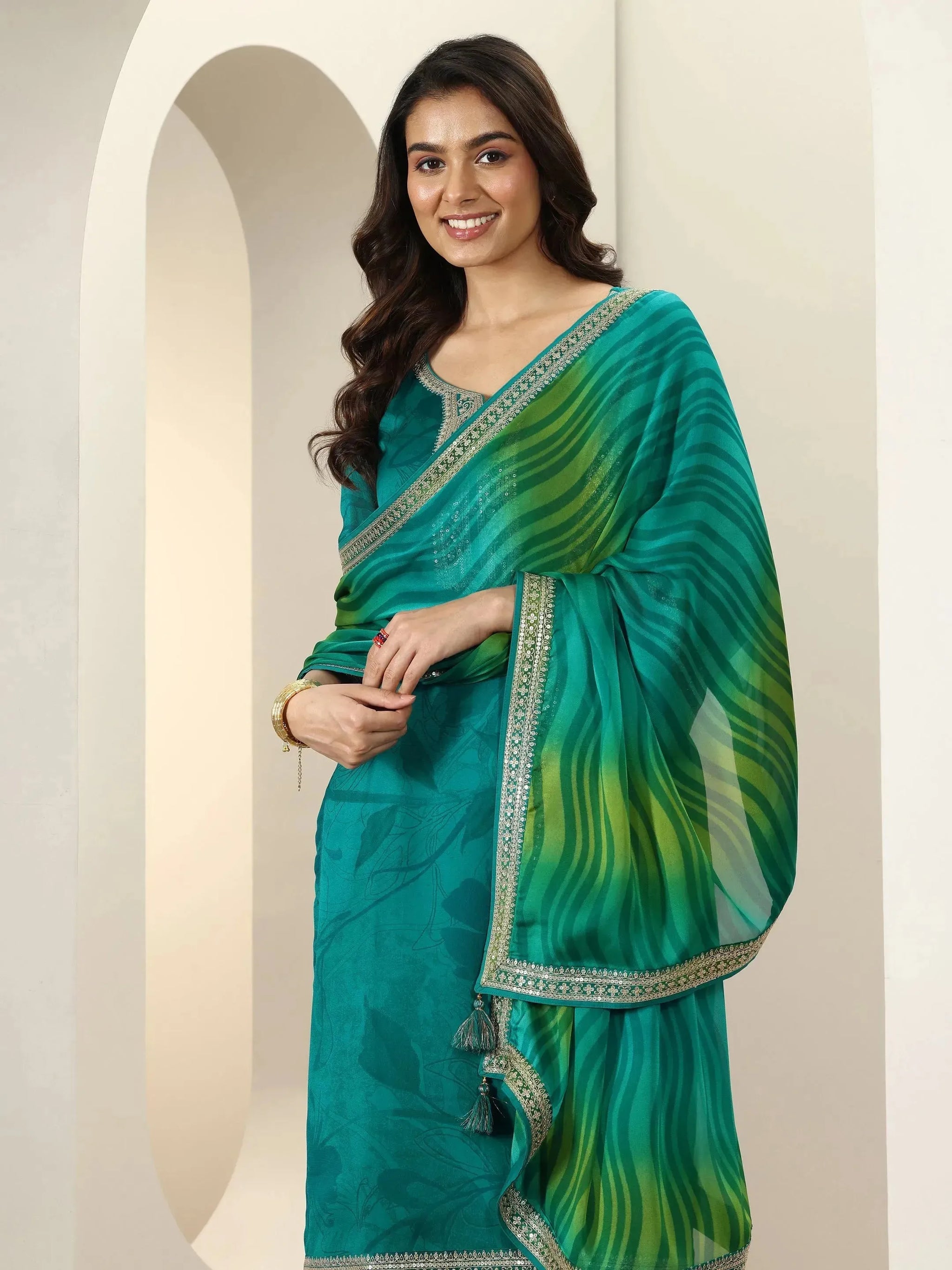 Libas Green Embroidered Silk Blend Straight Suit Sets With Dupatta