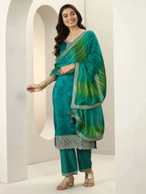Libas Green Embroidered Silk Blend Straight Suit Sets With Dupatta