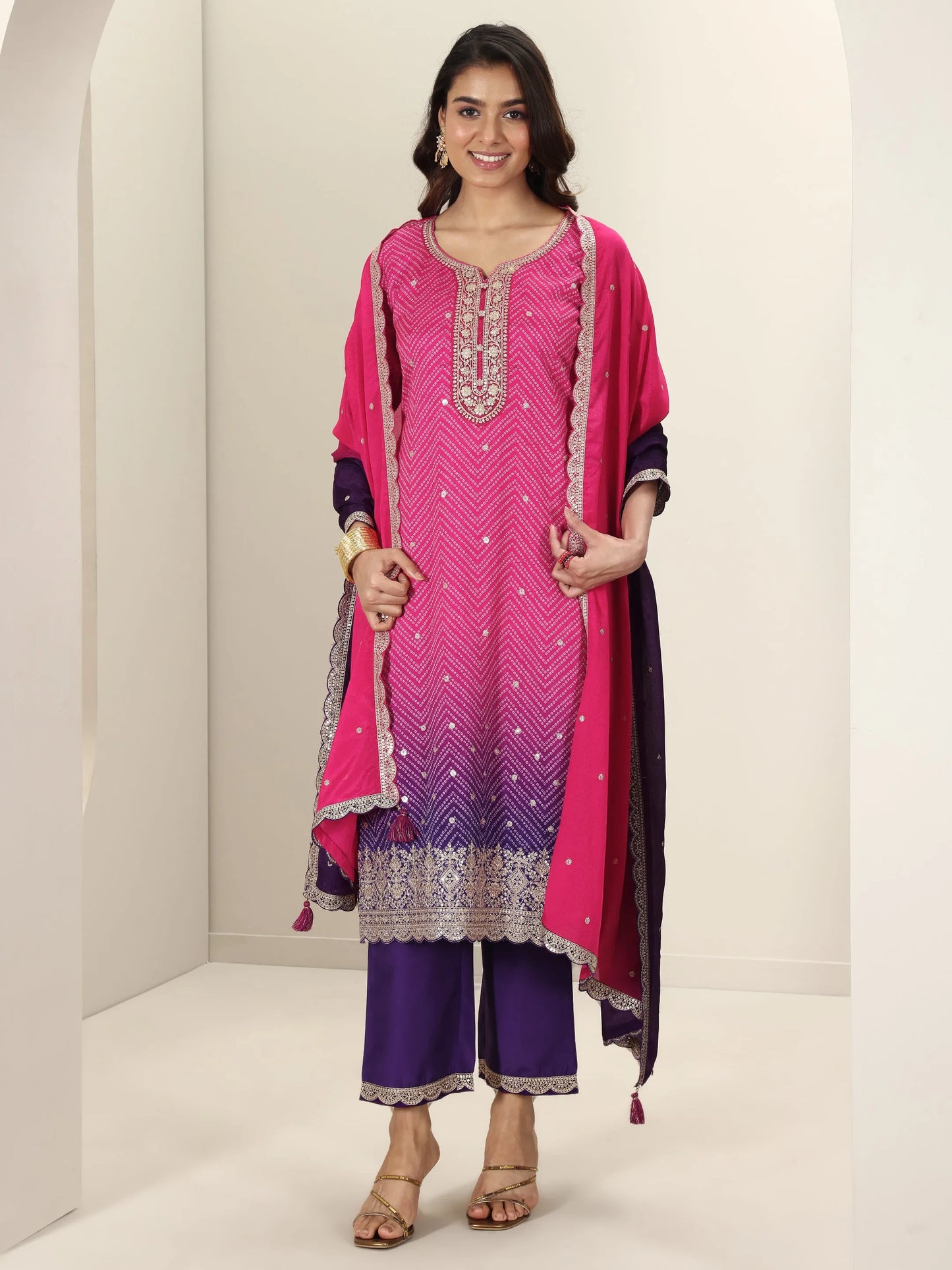 Libas Pink Printed Chinon Straight Suit Sets With Dupatta