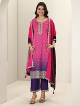 Libas Pink Printed Chinon Straight Suit Sets With Dupatta