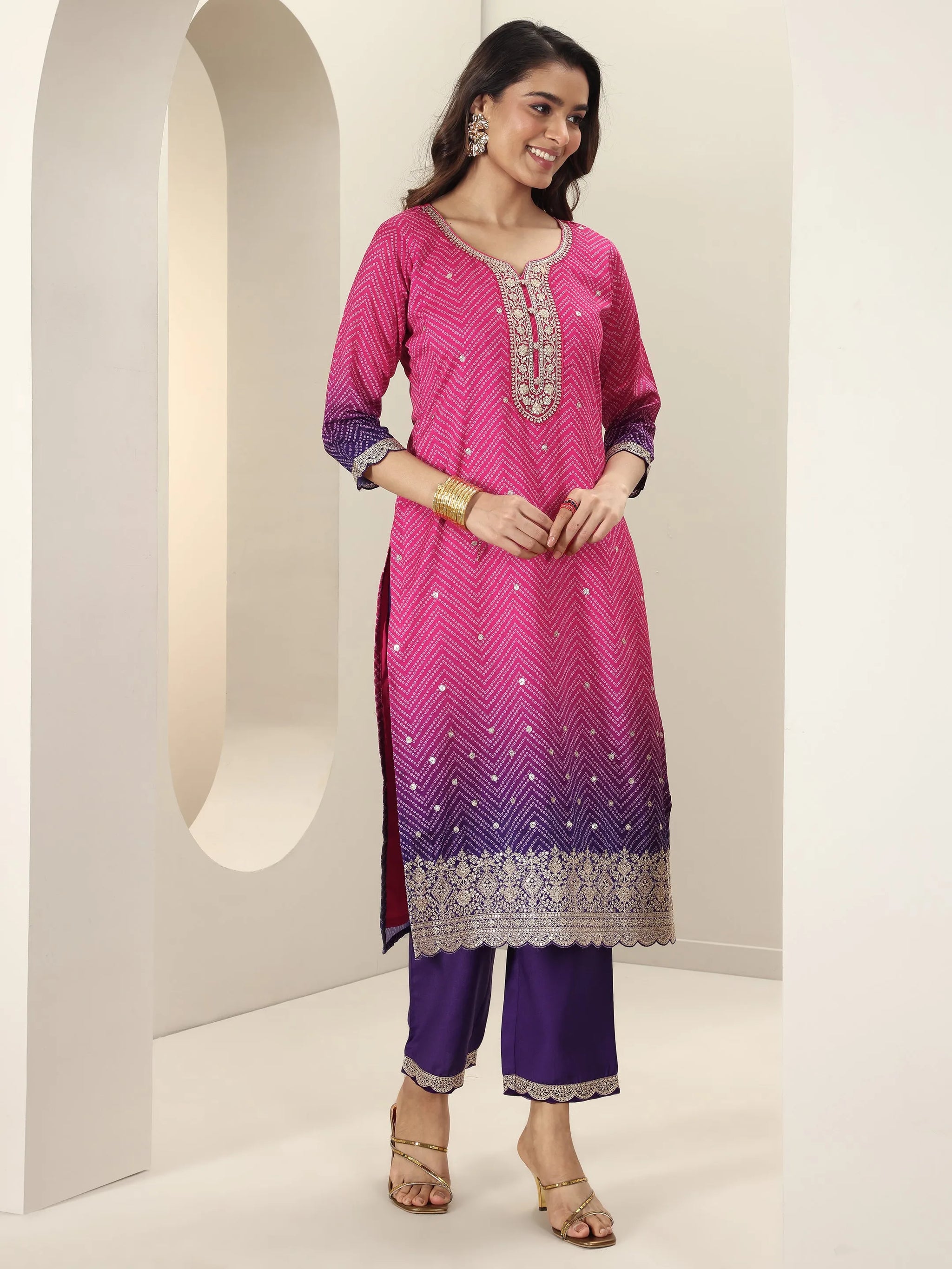 Libas Pink Printed Chinon Straight Suit Sets With Dupatta