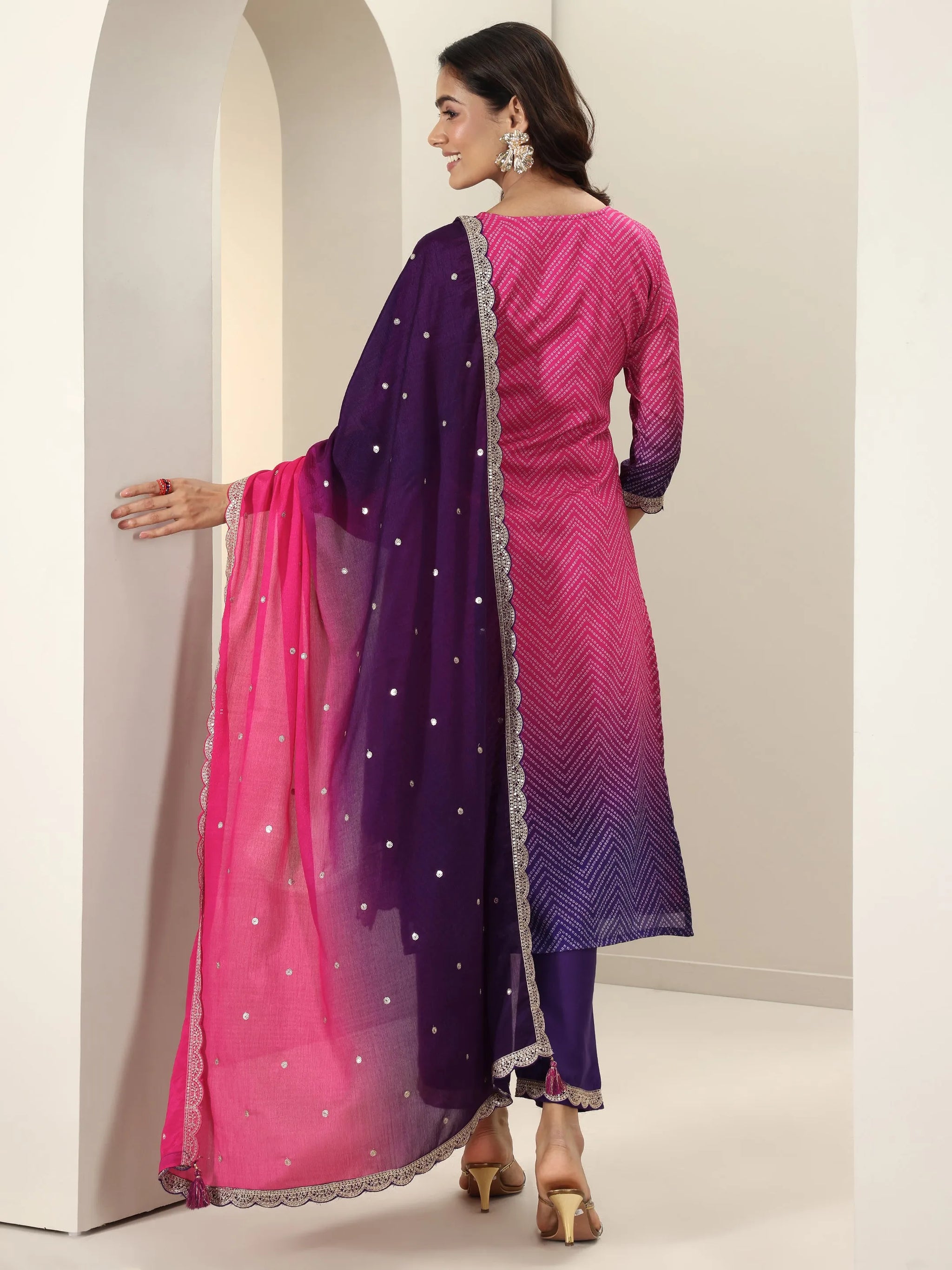 Libas Pink Printed Chinon Straight Suit Sets With Dupatta