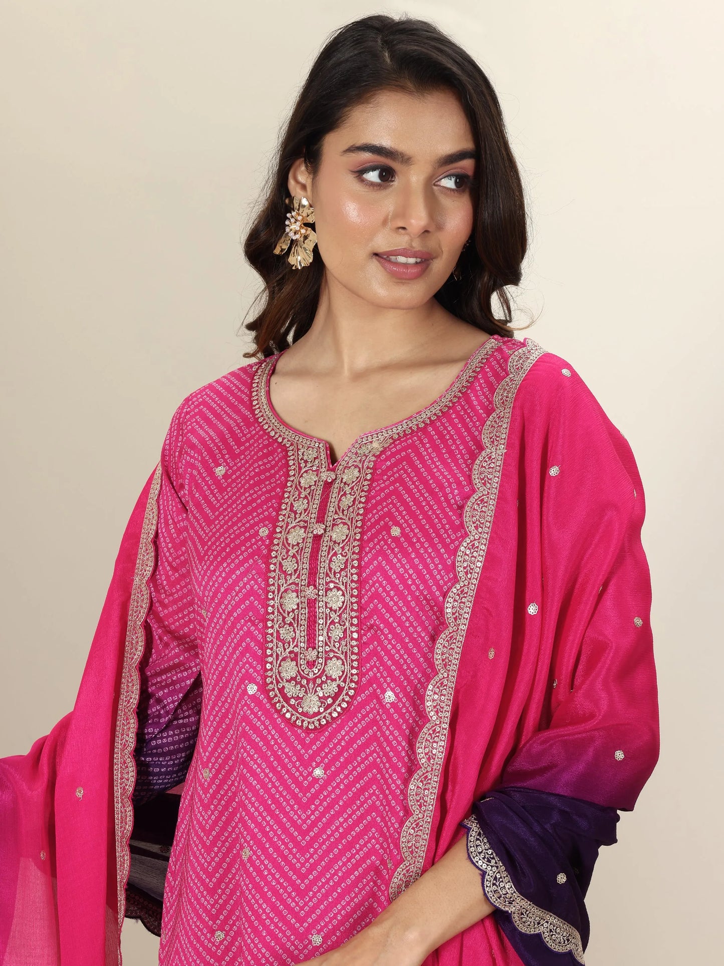 Libas Pink Printed Chinon Straight Suit Sets With Dupatta
