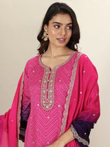 Libas Pink Printed Chinon Straight Suit Sets With Dupatta