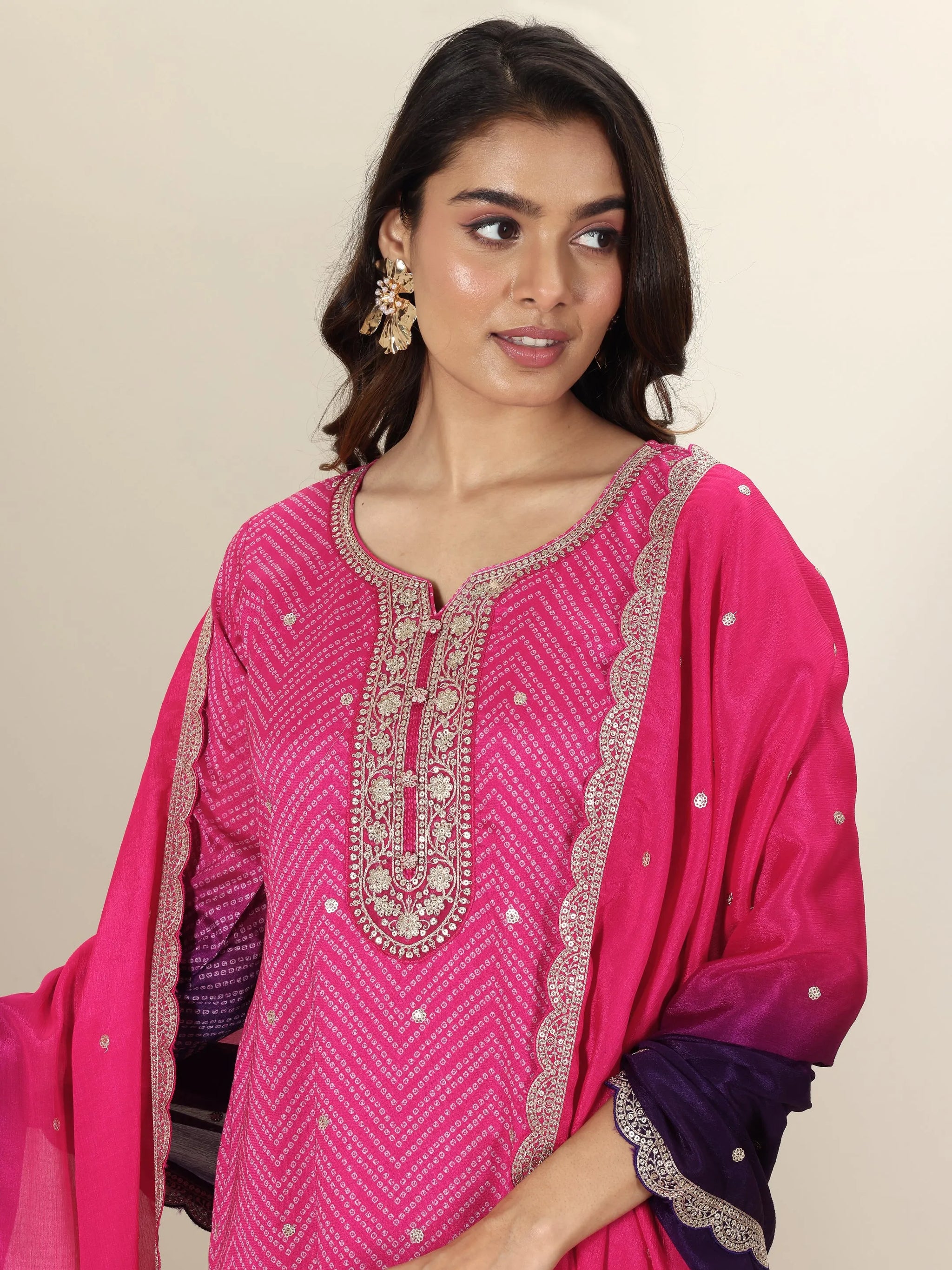 Libas Pink Printed Chinon Straight Suit Sets With Dupatta