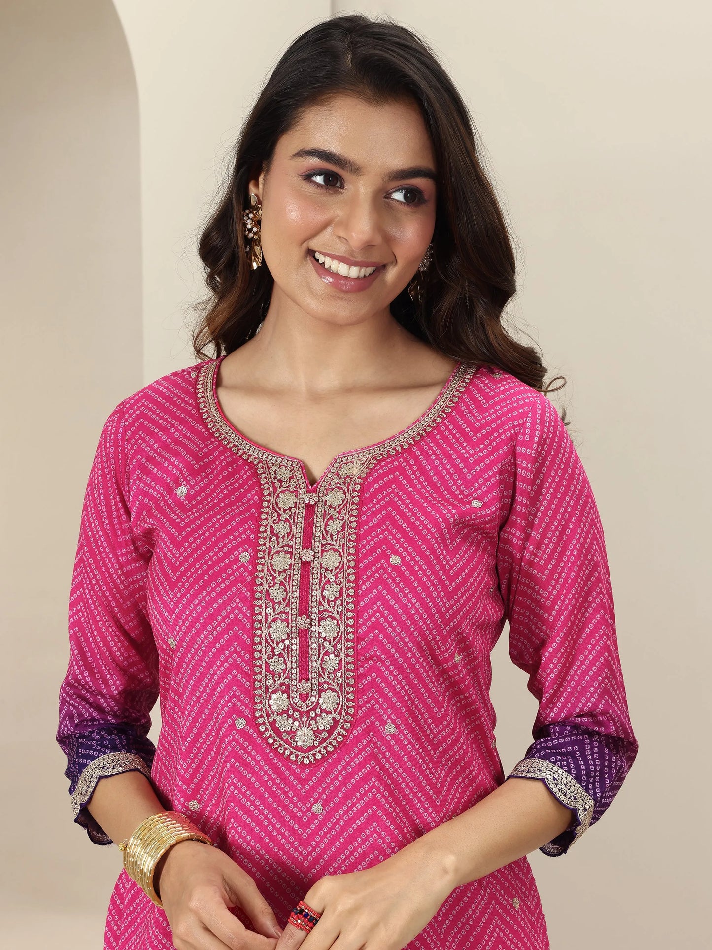 Libas Pink Printed Chinon Straight Suit Sets With Dupatta