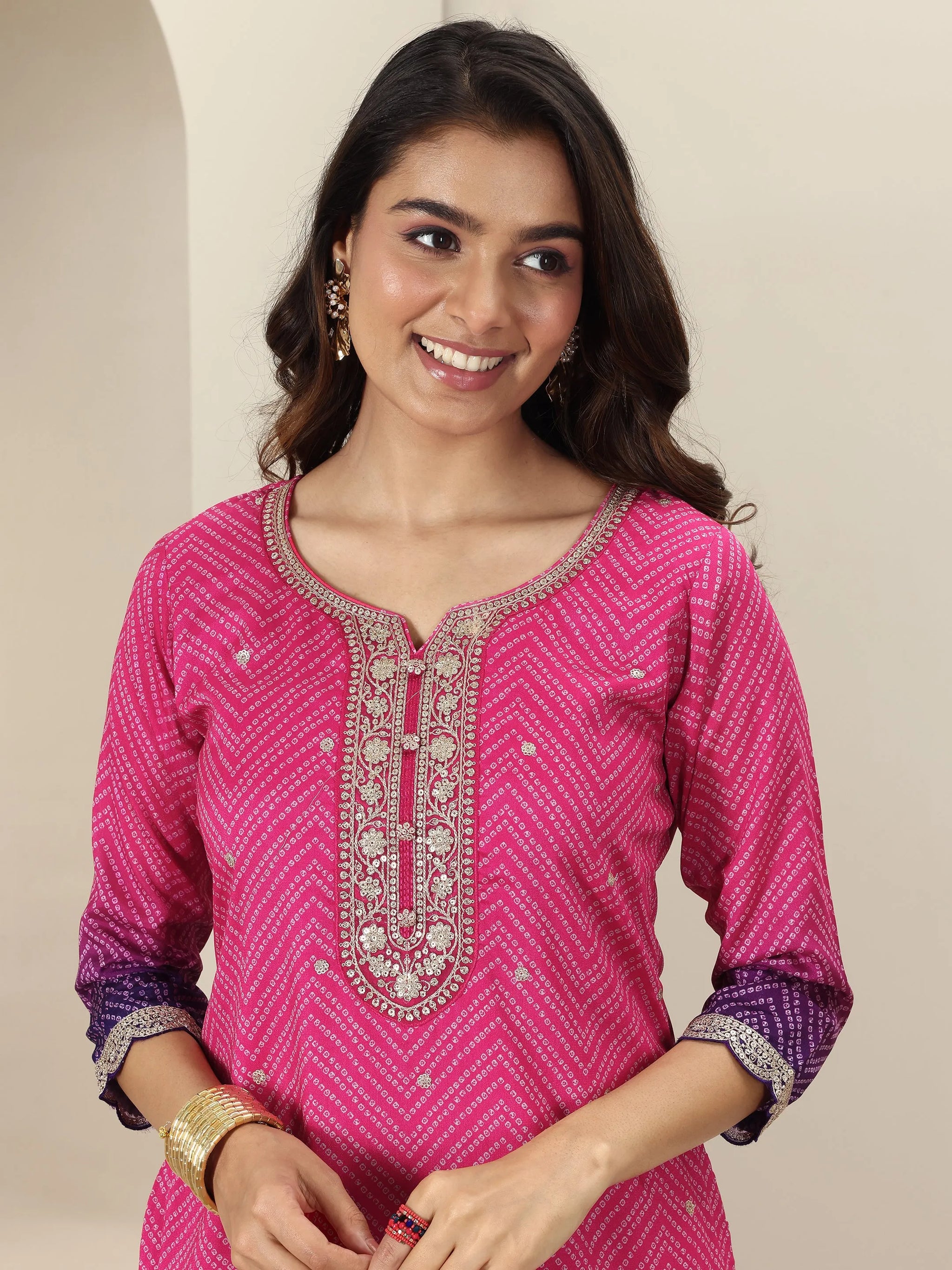 Libas Pink Printed Chinon Straight Suit Sets With Dupatta