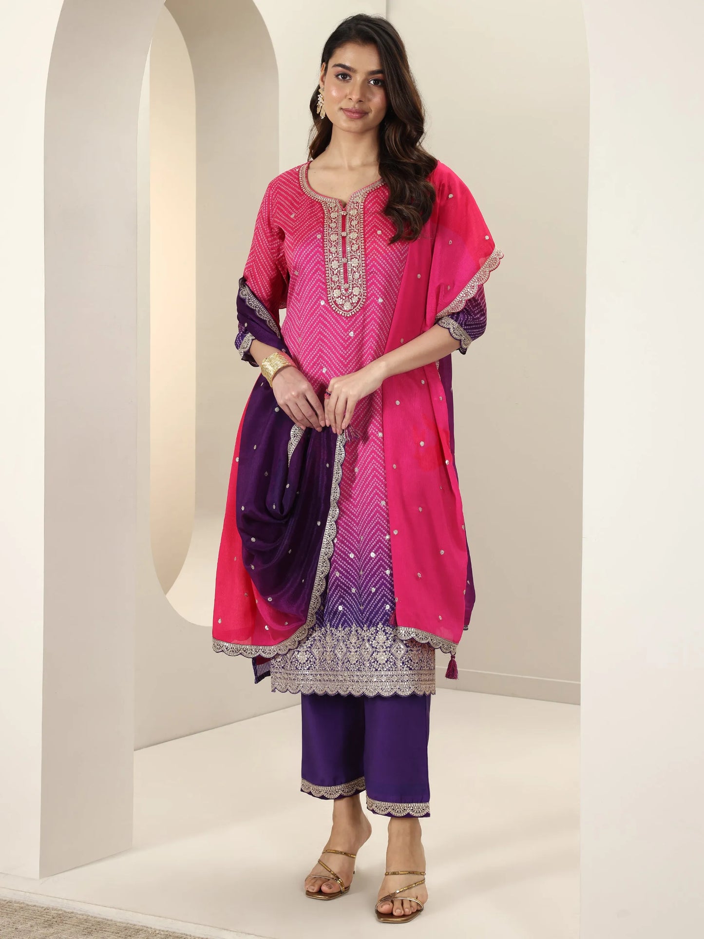 Libas Pink Printed Chinon Straight Suit Sets With Dupatta