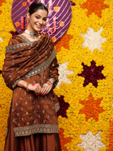 Libas Brown Embroidered Silk Blend Straight Suit Set With Dupatta