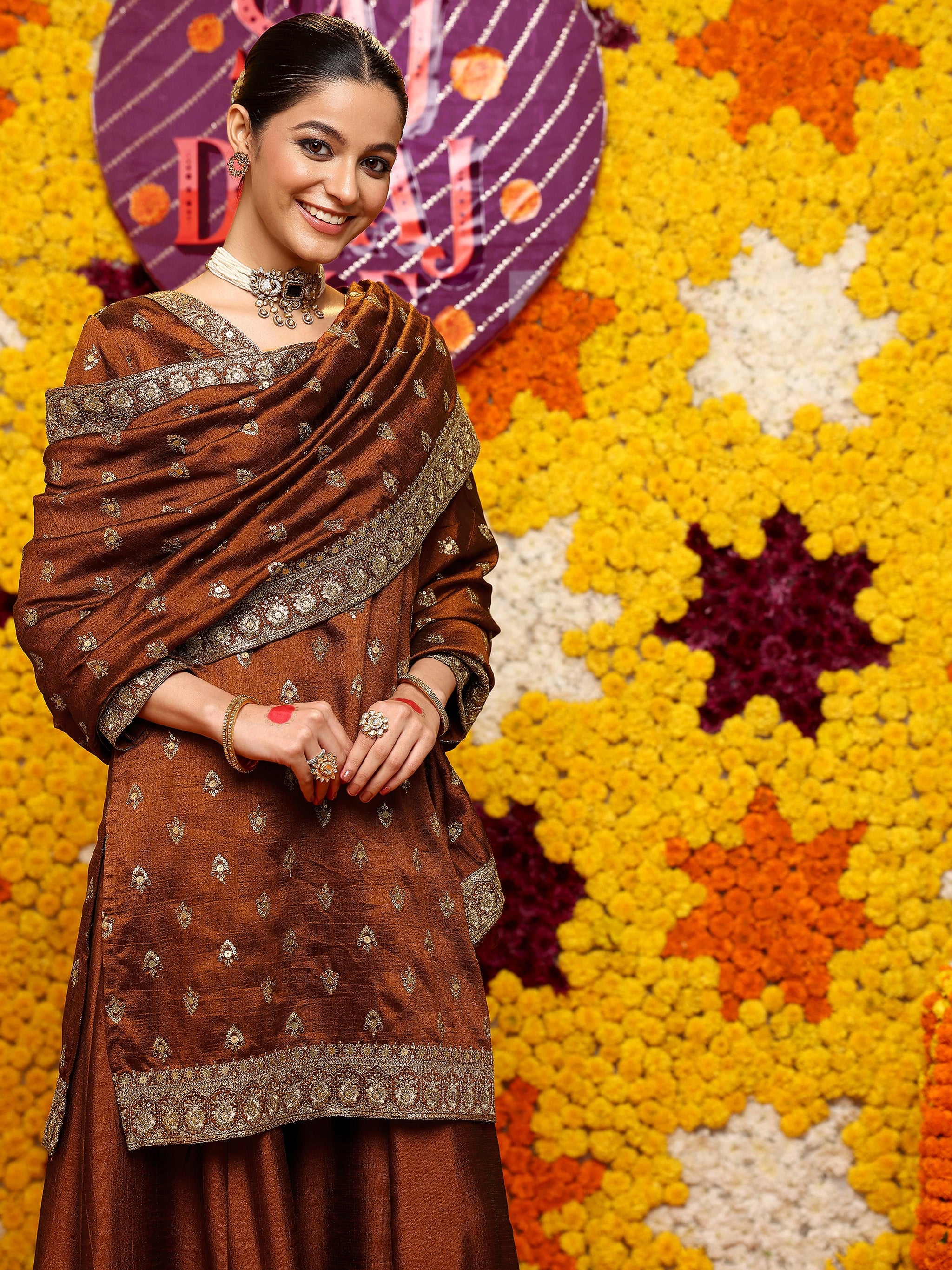 Libas Brown Embroidered Silk Blend Straight Suit Set With Dupatta