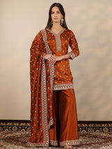 Libas Brown Embroidered Silk Blend Straight Suit Set With Dupatta
