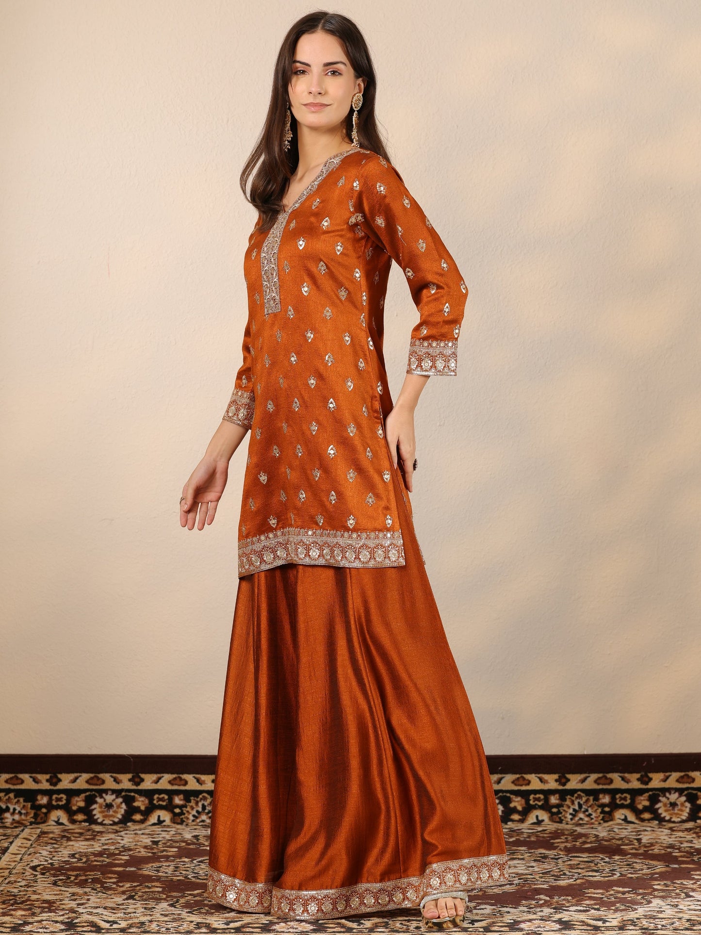 Libas Brown Embroidered Silk Blend Straight Suit Set With Dupatta