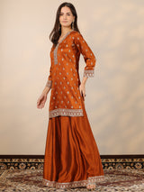 Libas Brown Embroidered Silk Blend Straight Suit Set With Dupatta