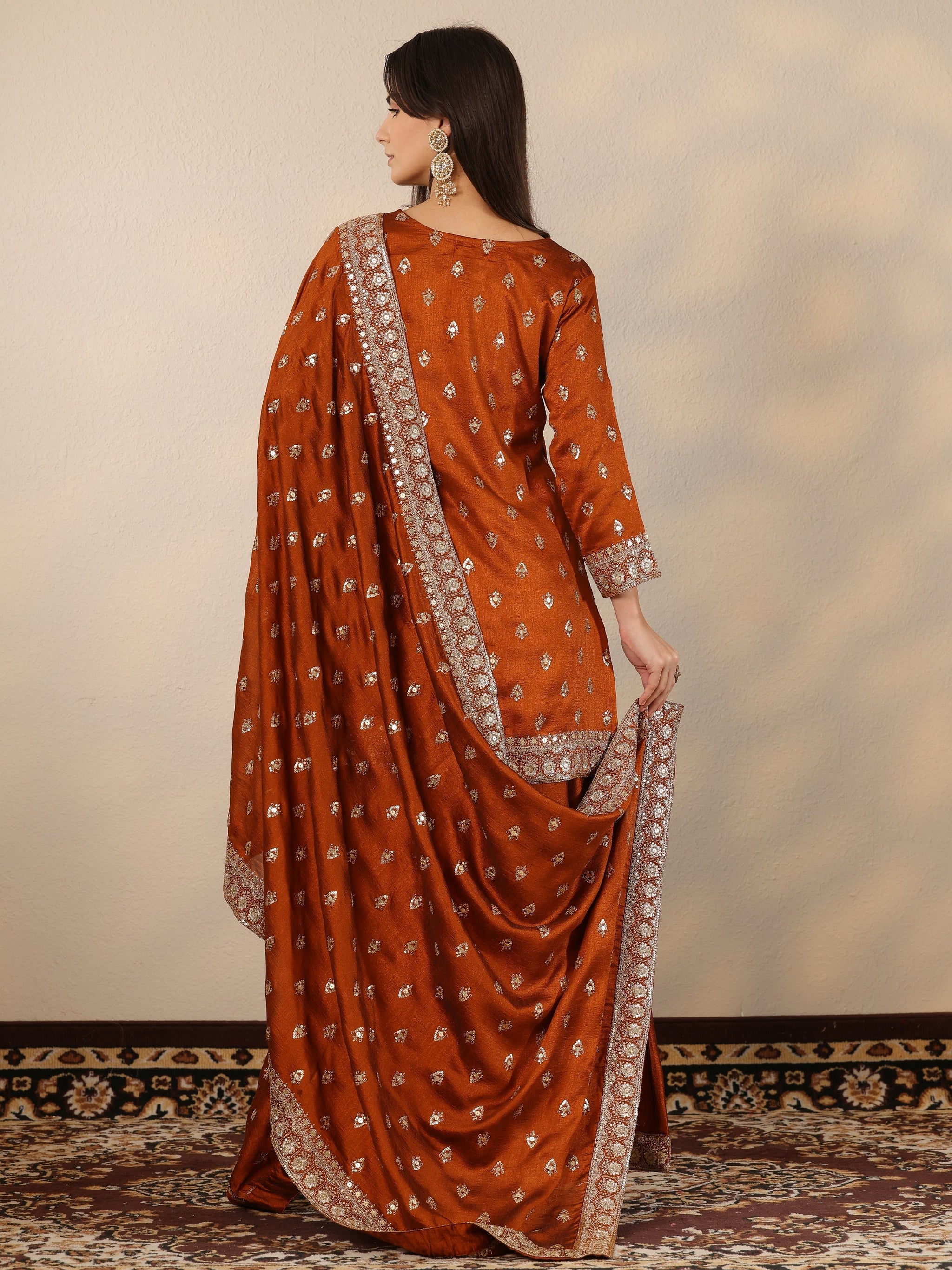 Libas Brown Embroidered Silk Blend Straight Suit Set With Dupatta