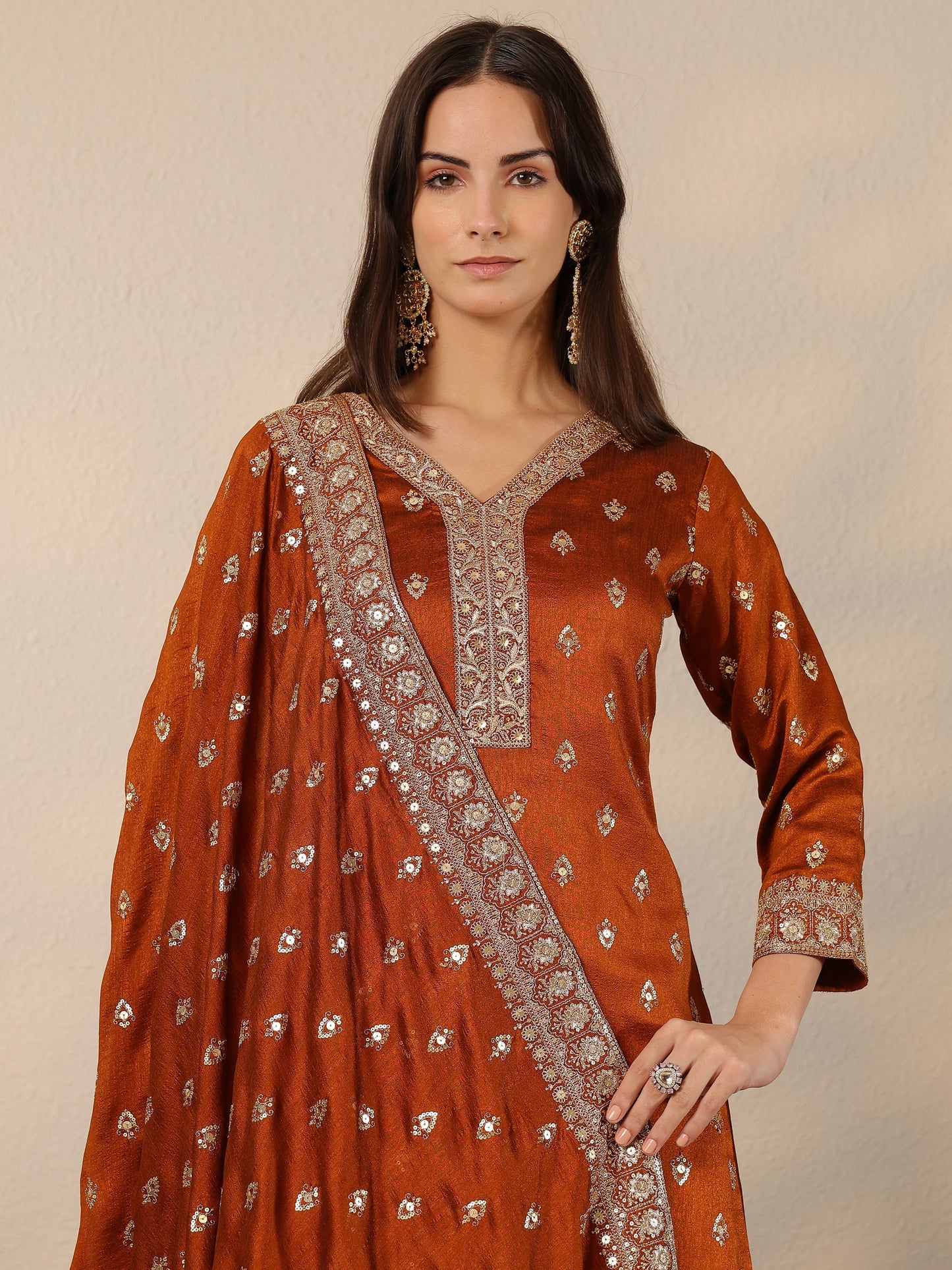 Libas Brown Embroidered Silk Blend Straight Suit Set With Dupatta