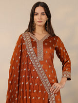Libas Brown Embroidered Silk Blend Straight Suit Set With Dupatta