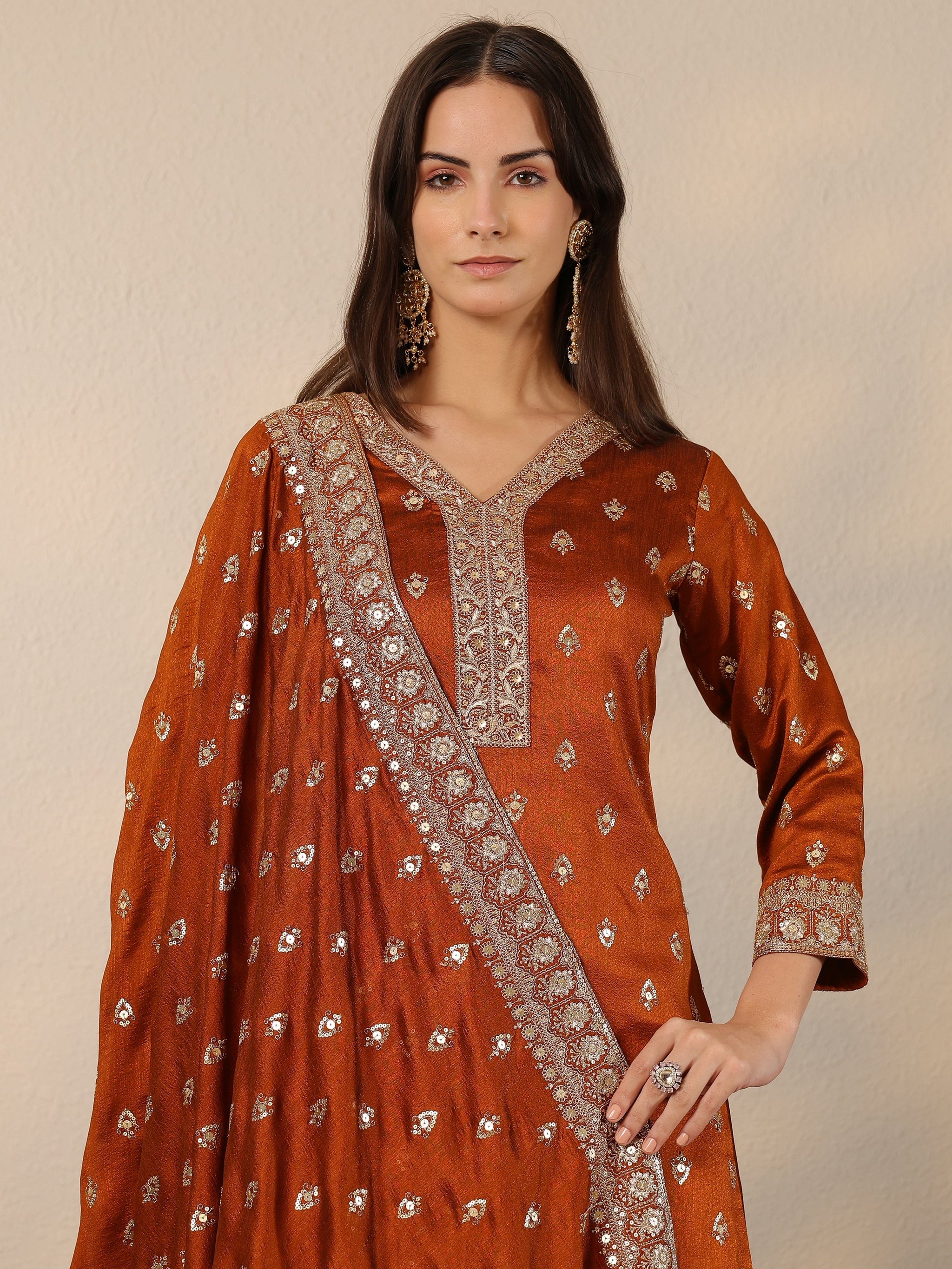 Libas Brown Embroidered Silk Blend Straight Suit Set With Dupatta