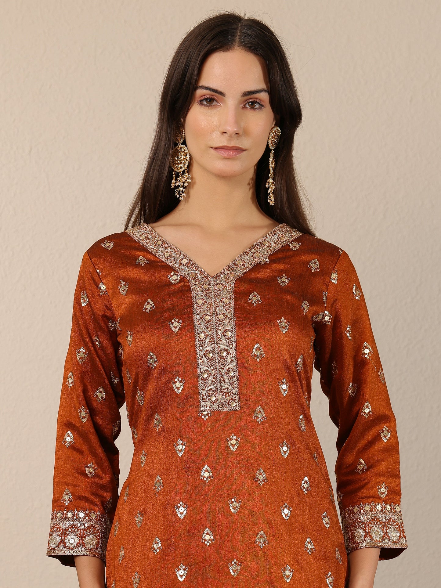 Libas Brown Embroidered Silk Blend Straight Suit Set With Dupatta