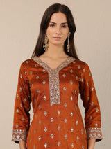 Libas Brown Embroidered Silk Blend Straight Suit Set With Dupatta