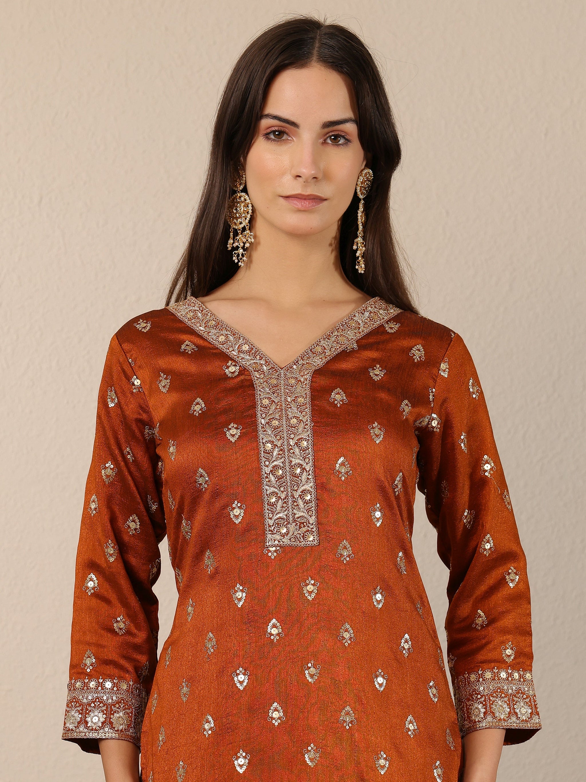 Libas Brown Embroidered Silk Blend Straight Suit Set With Dupatta